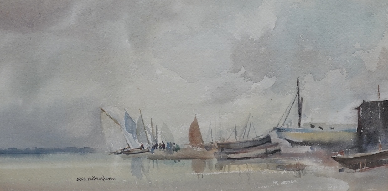 Sybil Mullen Glover (1908-1995), watercolour, Harbour view with moored boats, signed, 24 x 41cm. Condition - good